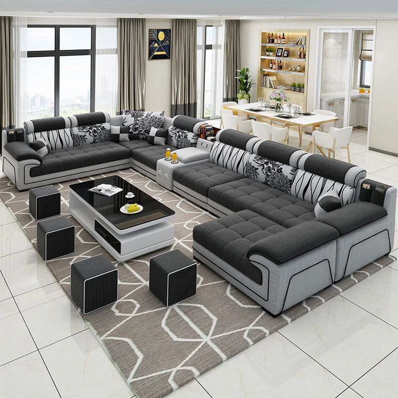 Modern Living Room Lounge 7 Seats U-Shaped Sofa Set Furniture L-Shaped Combination Sofa Luxury Microfiber Fabric Modular Sofa
