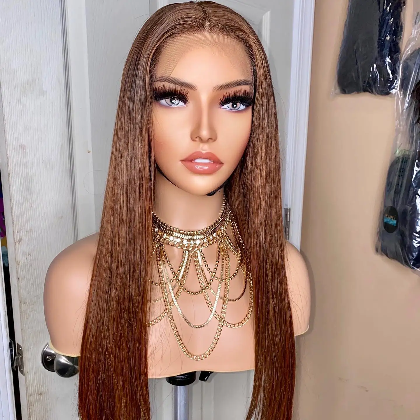 Long Silky Straight Soft 13x4 Lace Front Synthetic Hair Wigs with Natural Hairline Glueless Golden Brown Transparent Lace Wigs