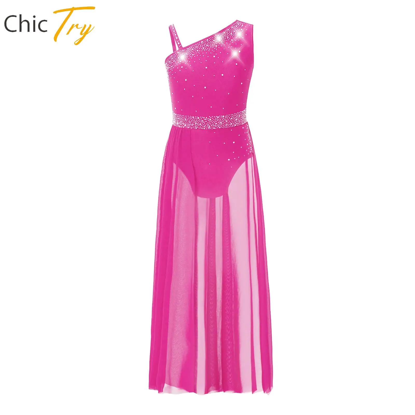 

Girls Modern Lyrical Dance Dress Ballet Gymnastics Stage Performance Costume Rhinestone Side Split Sheer Mesh Leotard Dancewear