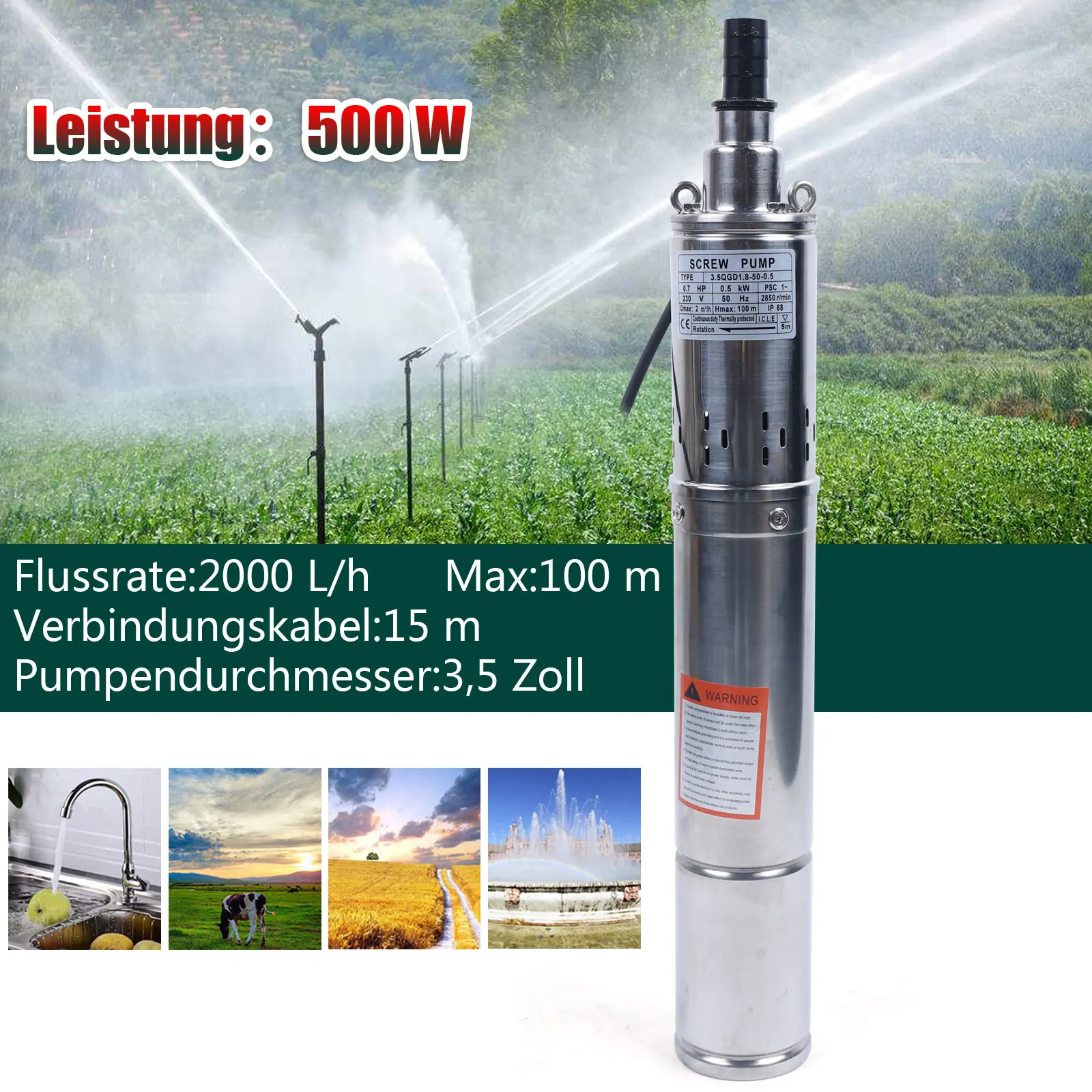 500W  Submersible Deep Well Pump Screw Pump Sand Compatible Stainless Steel Garden Farm Pump For Supplying Water 2000 L/H