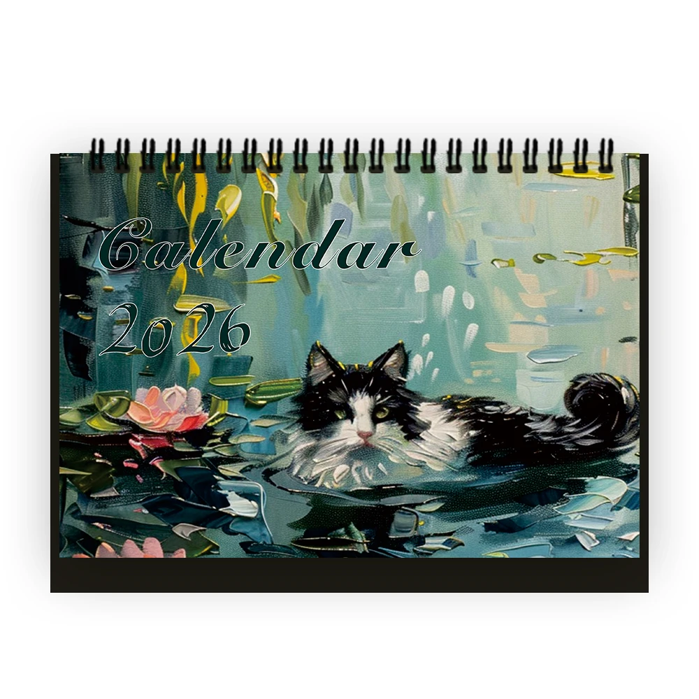 

1 шт. календарь на 2026 год, тема кошки серии Ван Гога, ежемесячный график на 12 месяцев, настольный календарь, идеальный подарок на дни рождения и Рождество