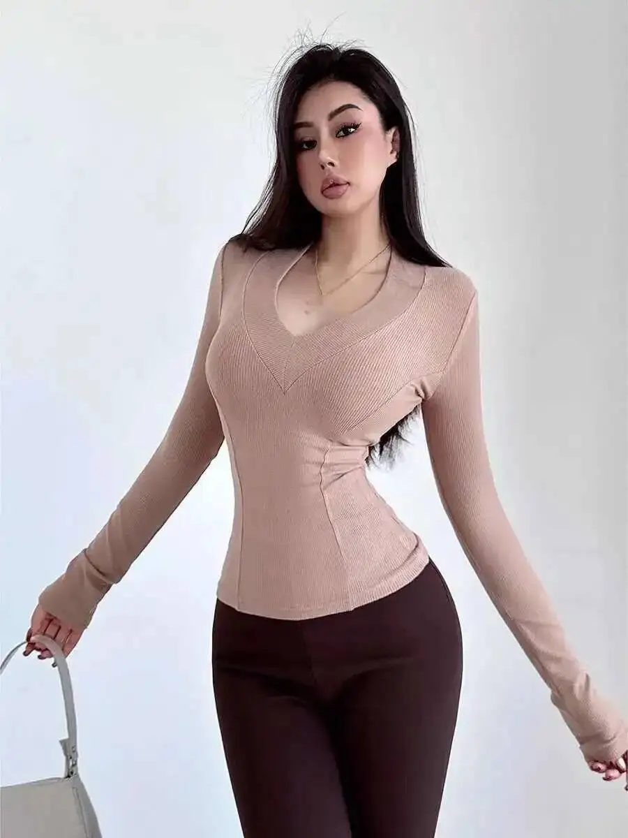 عميق الخامس الرقبة حار فتاة طويلة الأكمام الكتف تي شيرت للنساء ، سليم مثير التخسيس ، قاعدة قميص علوي تيز أزياء المرأة U5LM #5