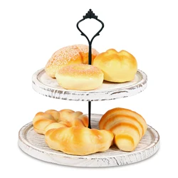 Wooden 2 Tiered Tray Round Farmhouse Kitchen Table Decor Serving Tier Tray Food Fruits Cupcake Display Coffee Bar Home Party