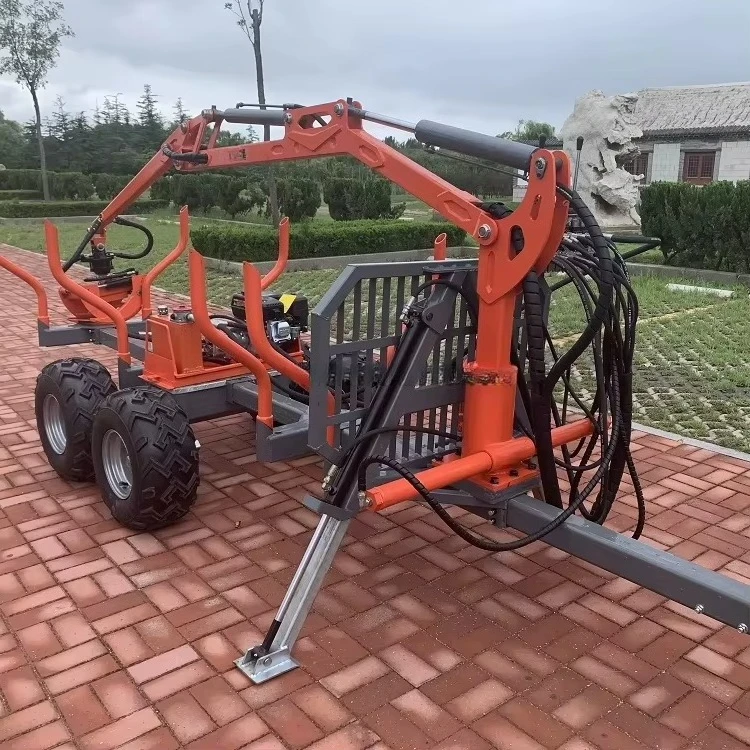 Self Loading Log Timber Trailer with Hydraulic Crane, 4 Big Offroad Tires Forest Wood Transport Trailer for Farm