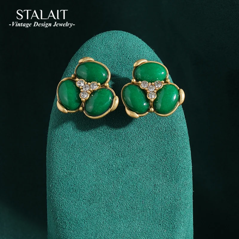

Vintage Egg Shape Emerald Green Natural Stone Stud Earrings for Women Retro Antique Jewelry Set with Rhinestones Accessories