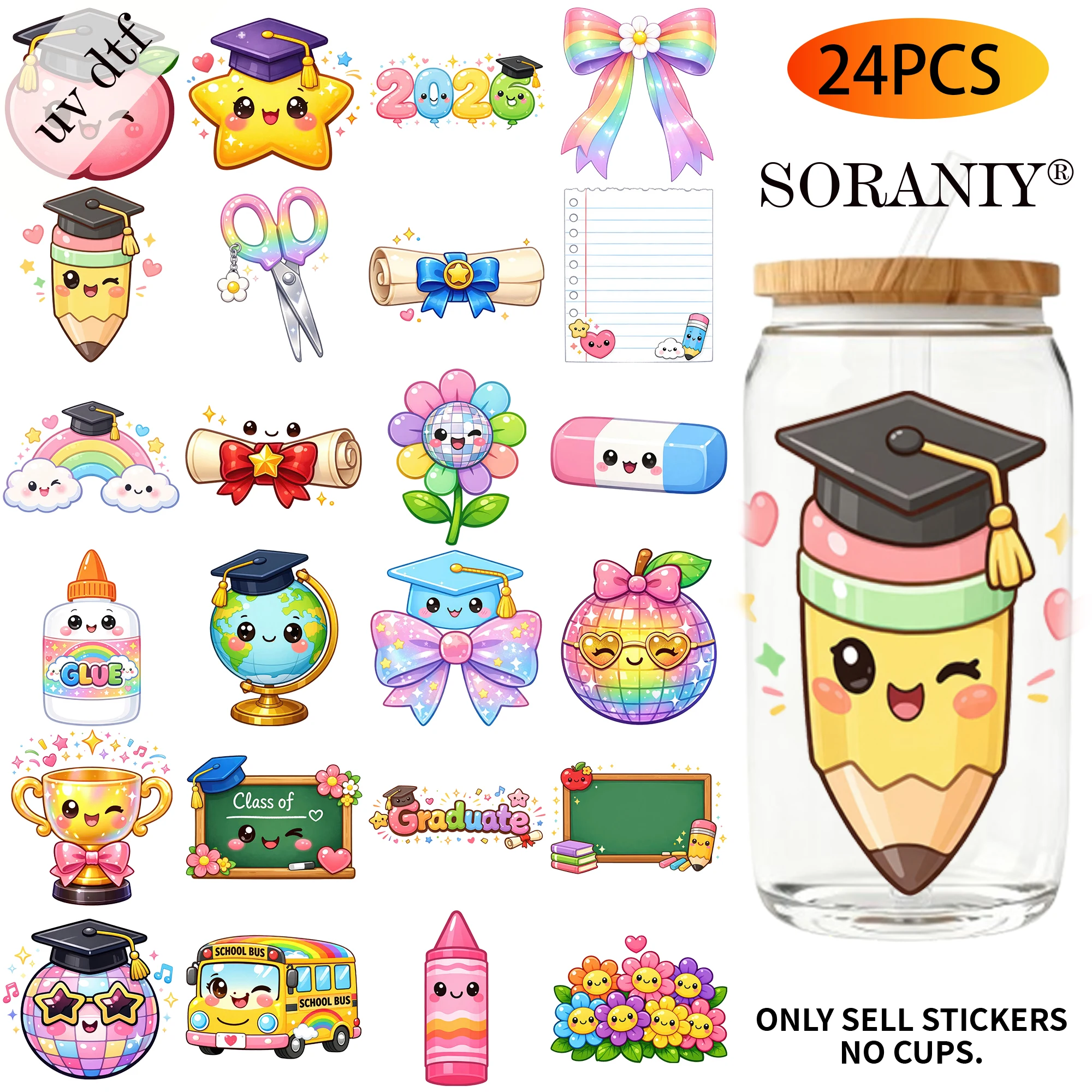 UV DTF Transfer Stickers - 24Pcs/Set School Graduation Theme UV DTF 16OZ DIY Transfer Stickers