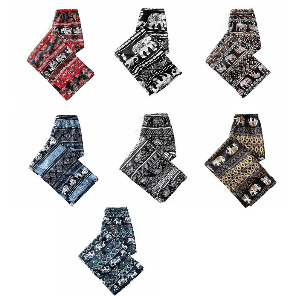 

Colorful Thai Elephant Printed Pants Boho Pattern Comfy Wide Leg Pants for Women with Strap Flared Bottom Women's Harem Pants