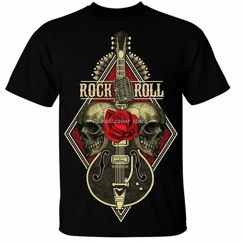 2024 Men Cotton Tshirt Rock N Roll Guitar T-Shirt Mens Skull Metal Band Death Heavy Music Guitarist Harajuku Funny Tee Shirt