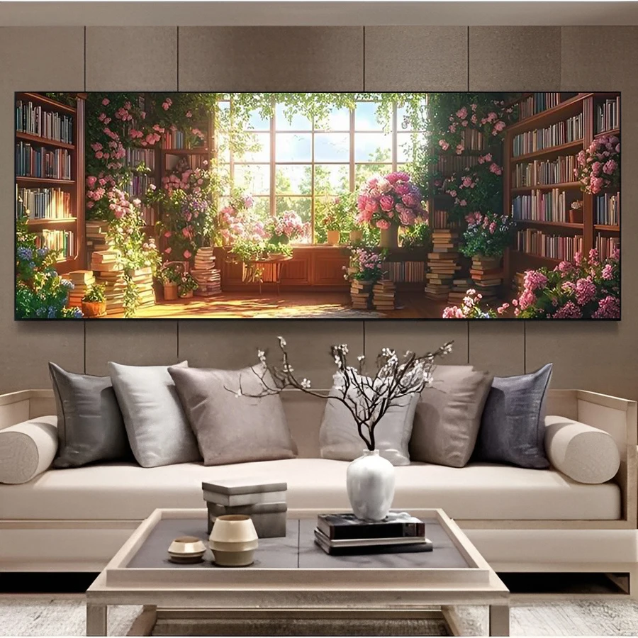 

Library Flowers Extra Large Size 5D Diy Diamond Painting New Collection Scenery Bookshelf Books Full Mosaic Embroidery Picture