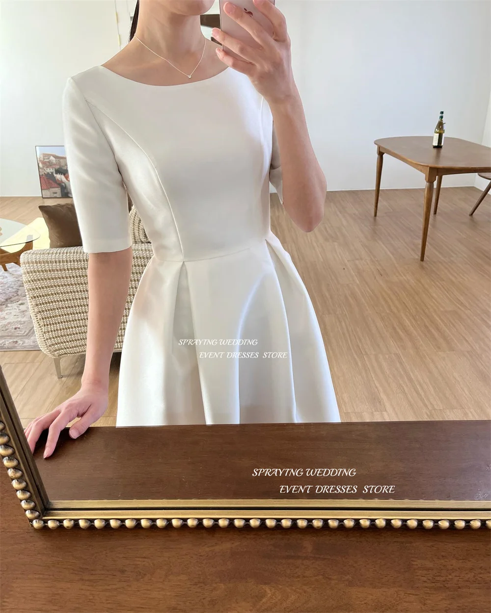 SPRAYING Simple O Neck Korea Wedding Dress Photo Shoot A Line Satin Half Sleeve Floor Length Bridal Gown Corset Back