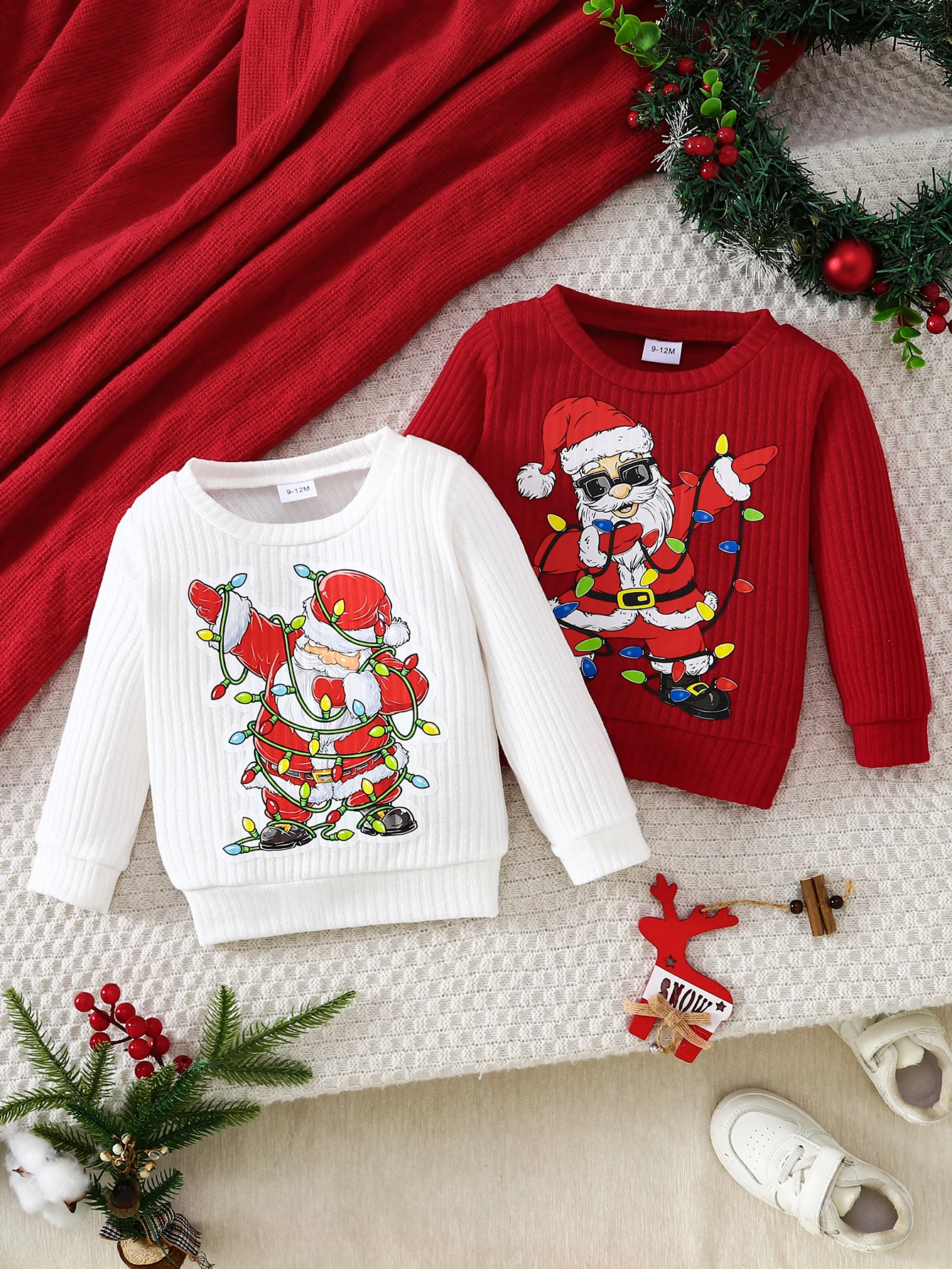 Baby 1M-18M Christmas Sweatshirt Santa Claus Light Print Waffle Knit Long Sleeve Tops Infant Boys Girls Xmas Pullover Clothes