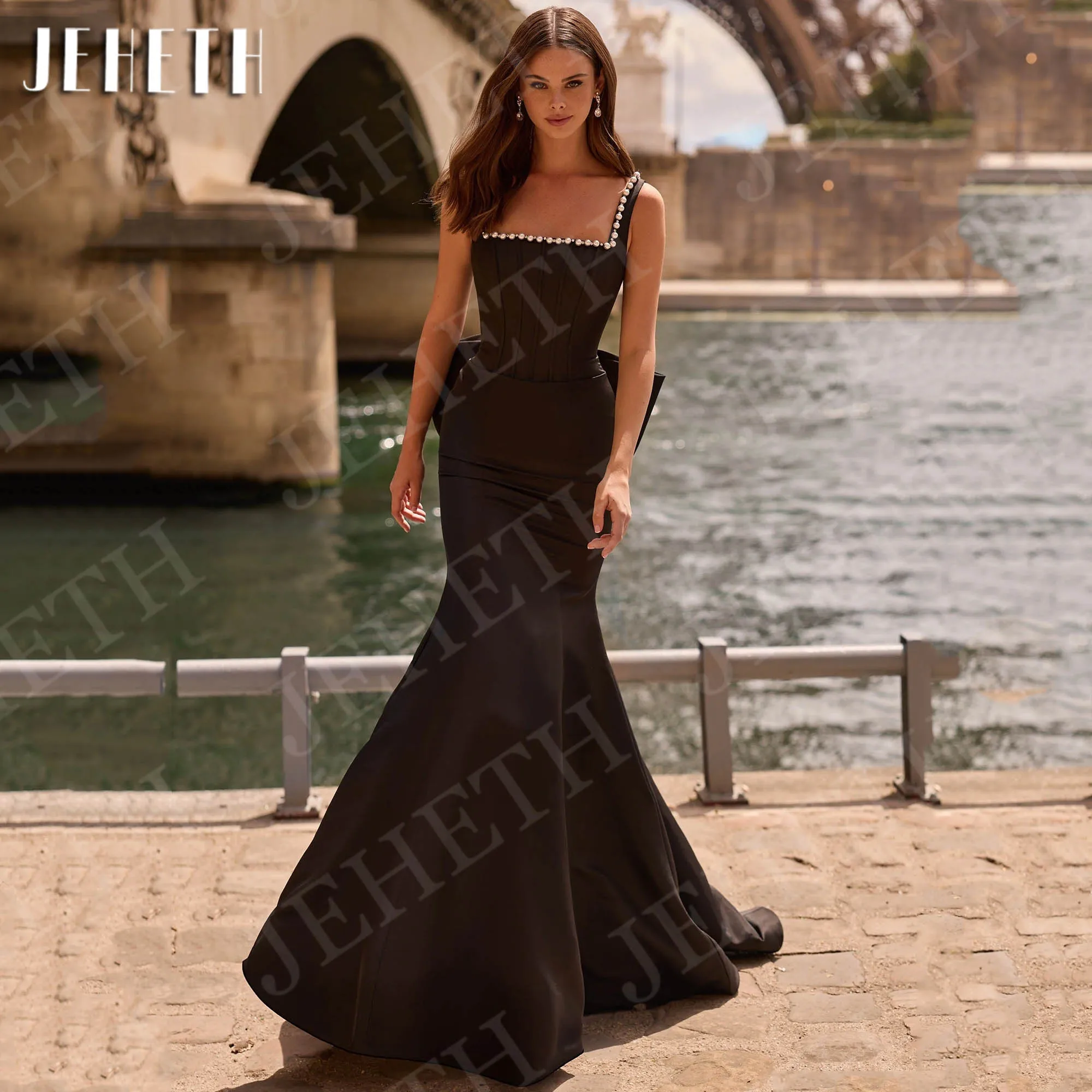 

JEHETH Черное атласное платье русалки для выпускного вечера Элегантное платье знаменитостей с жемчугом и квадратным вырезом с открытой спиной для женщин по индивидуальному заказу Черное сатиновое русалка бальное платье