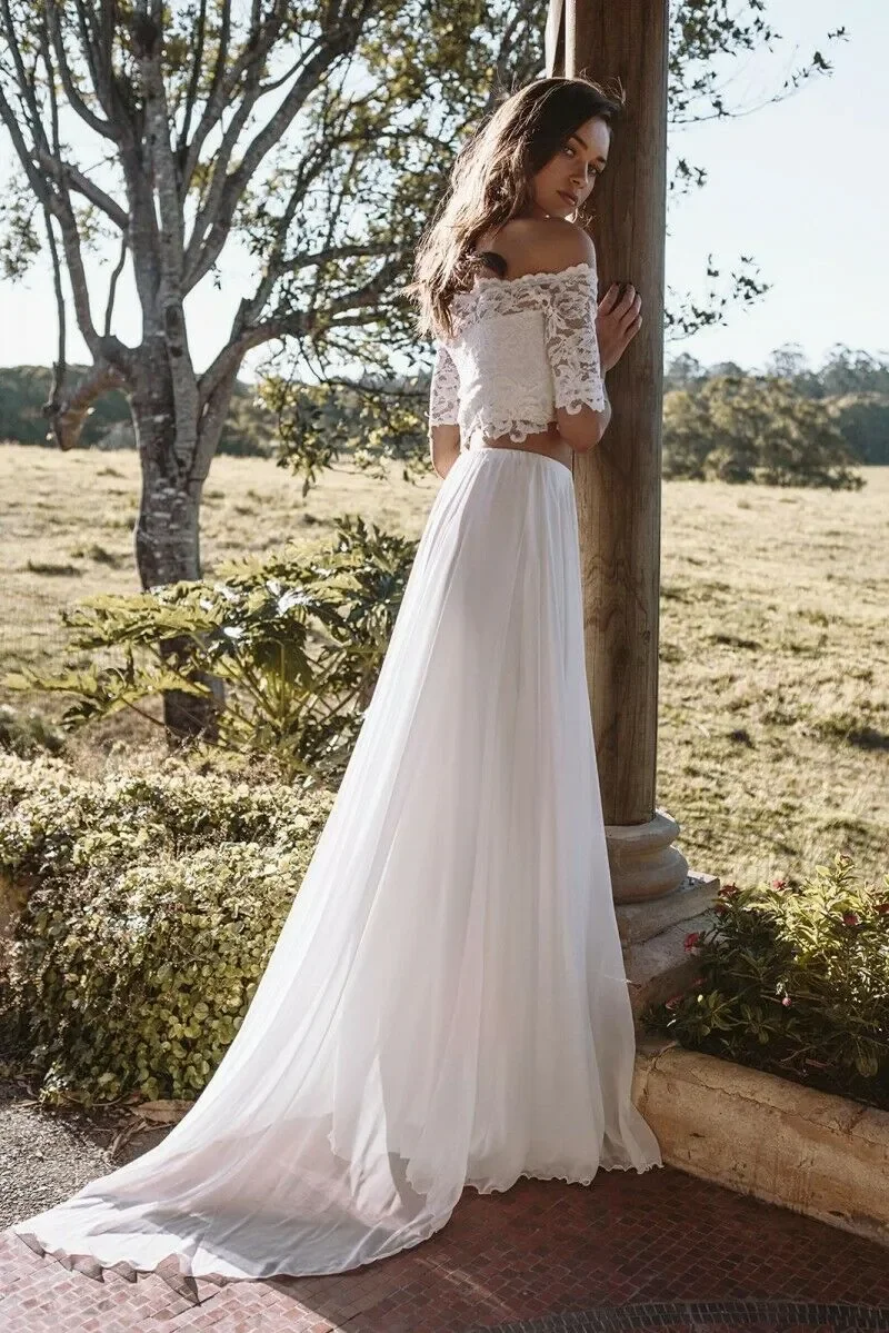 ชุดแต่งงานโบฮีเมียนทันสมัย ผ้าลูกไม้ แขนสั้น ชุดแต่งงานสองชิ้น เสื้อครอปท็อป ผ้าชีฟอง ชุดแต่งงานชายหาดฤดูร้อน