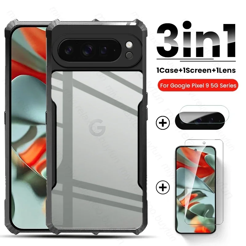 Pixel9ProXL Case 3To1 Clear Acrylic Back Cover For Google Pixel 9 Pro XL 5G Camera Lens Screen Protector Glass Pixel9 Pixle 9Pro