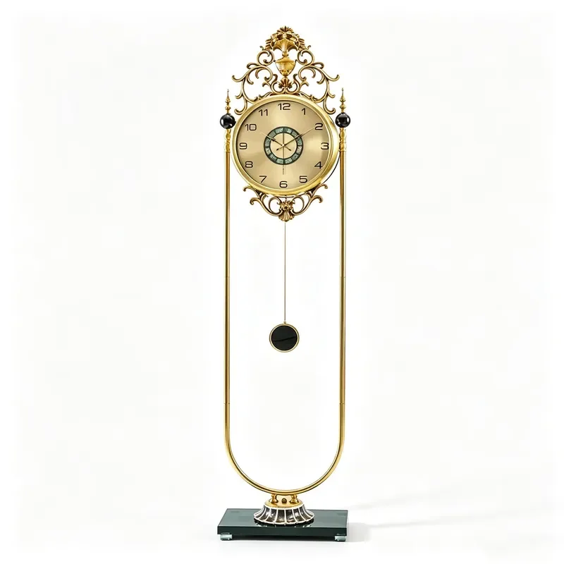 Modern Luxury Floor Clock Golden Metal Pendulum Standing Clock Elegant Long Clock Suitable for Family Villa Hotel Decoration