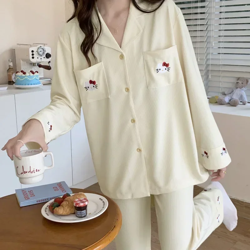 New Sanrio Hello Kitty loungewear pajamas, autumn pure cotton women's long-sleeved trousers loose cardigan women's pajamas