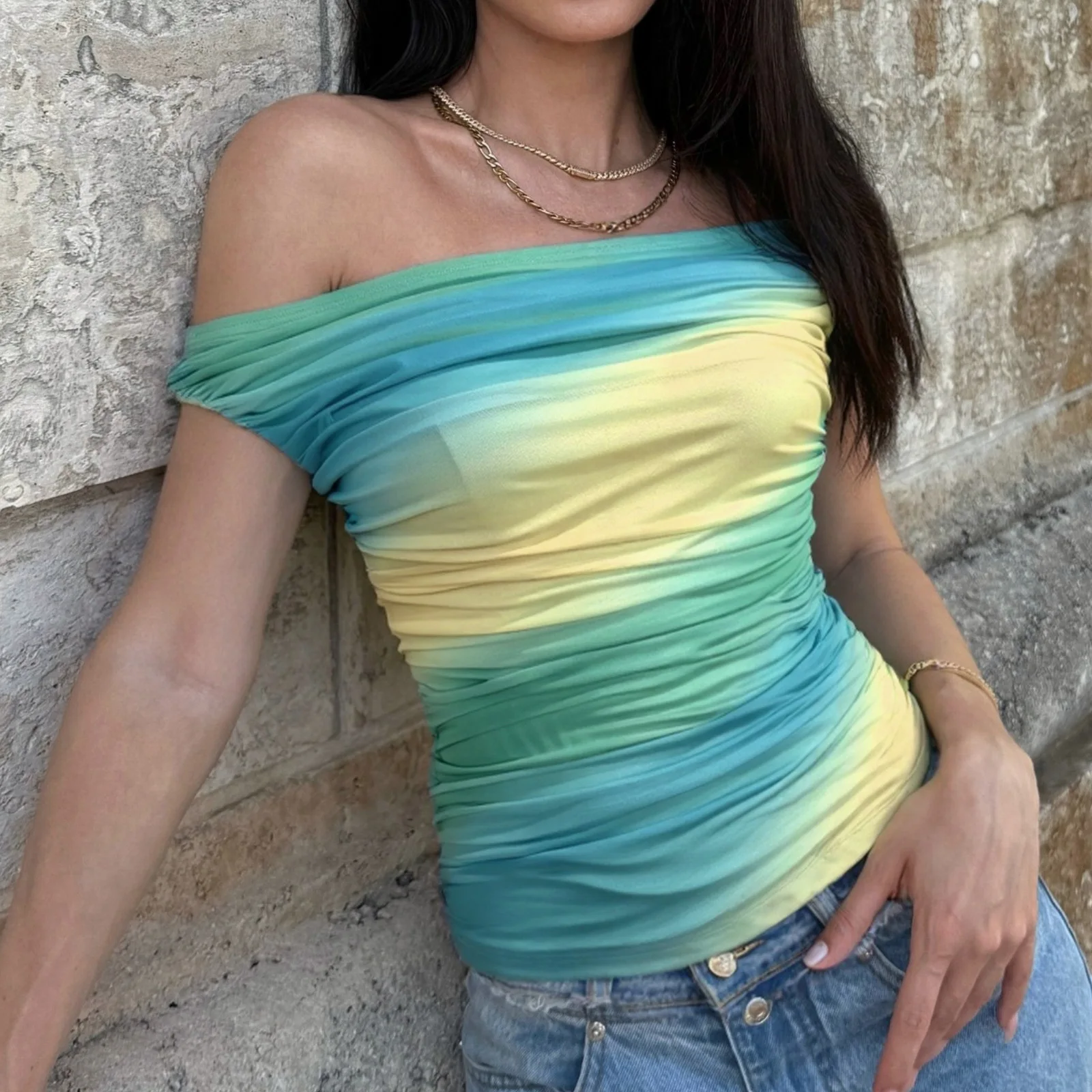 

Summer gradient mesh spliced slash neck slim fit t-shirt