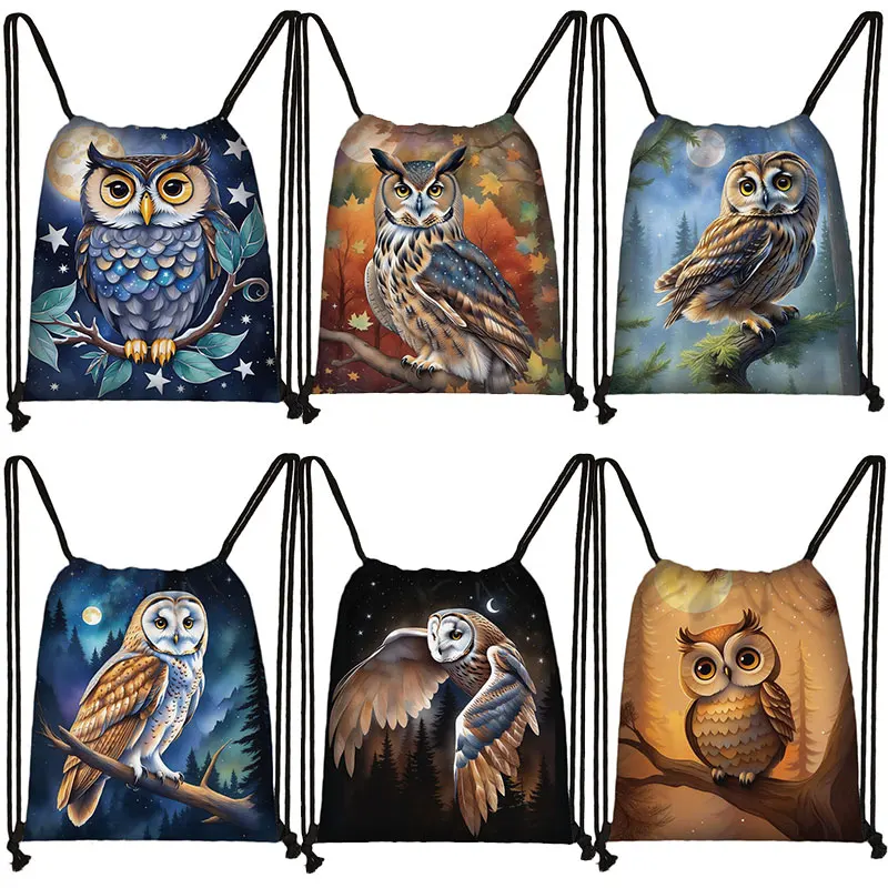 Colorful Owl Print Drawstring Bag Cartoon Great Horned Owl Backpacks Women Storage Bag for Travel White Owl Shoes Holder