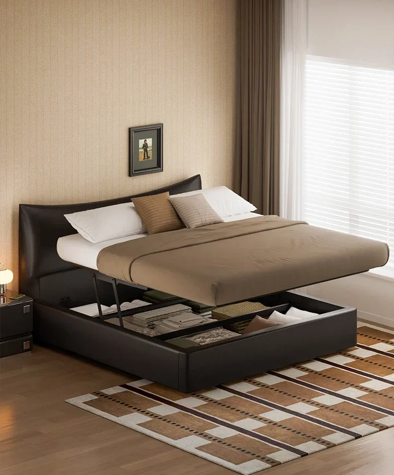 Italian Minimalist Leather Master Bedroom Soft Bag Edging Bed First Layer Cowhide Solid Wood Double Leather Bed