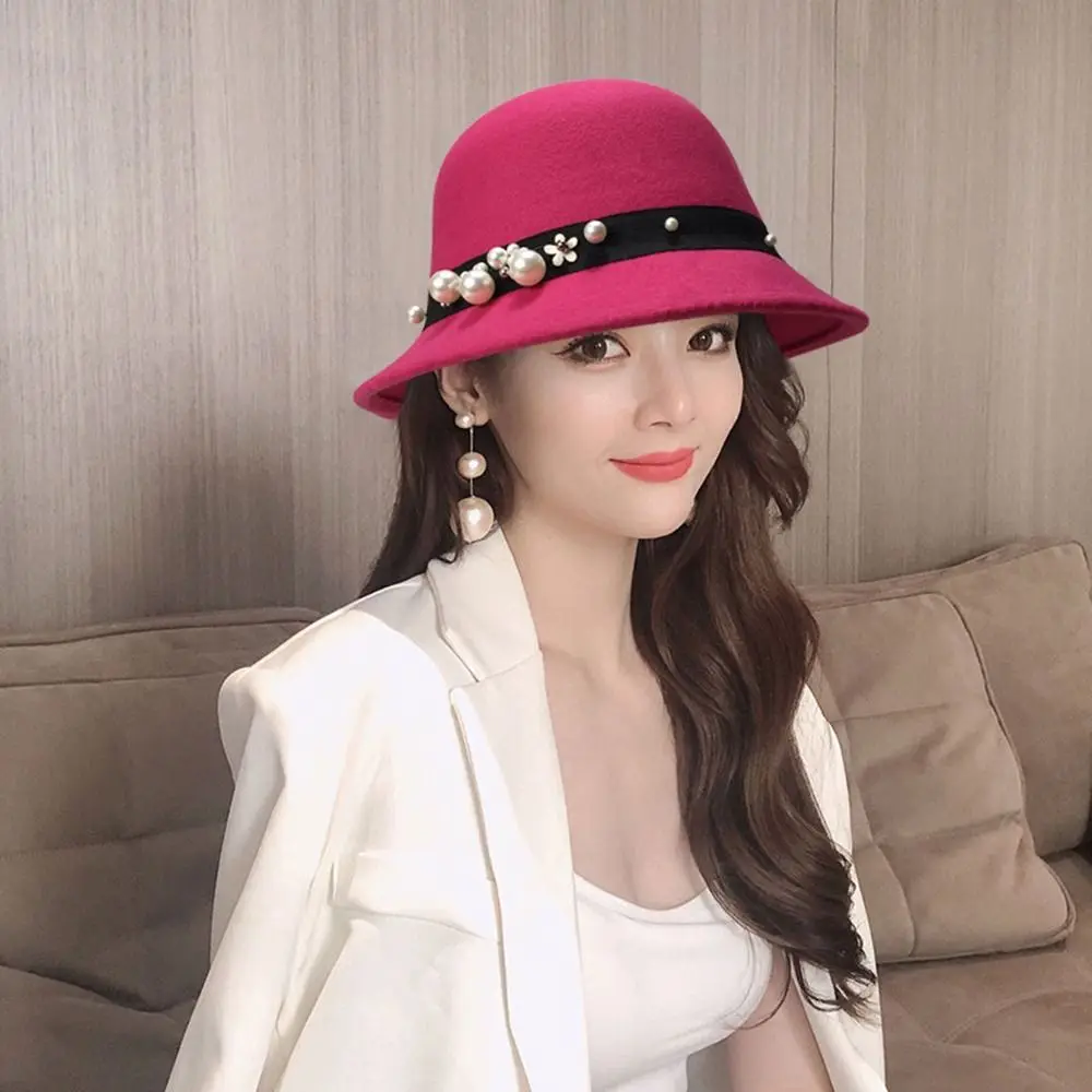 

For Girls Wool Felt For Ladies Gift Wedding Solid Color Round Top Flower Pearl Fedora Hat Bucket Cap Fisherman Hat Panama Hat