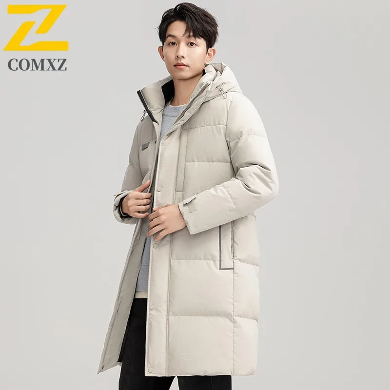 

COMXZ Winter Lightweight Puffer Jacket Men Designer Thermal White Duck Down Filler Coat High Quality Ski Hooded Long Down Jacket