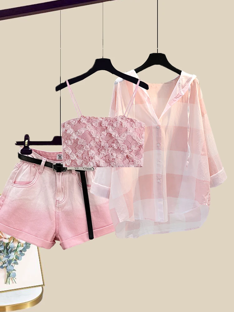 

Summer Large Size Dopaamine Set Women's Elegant Beautiful Sunscreen Top Strap Short Jeans Three-piece Set Fashionable Outfit