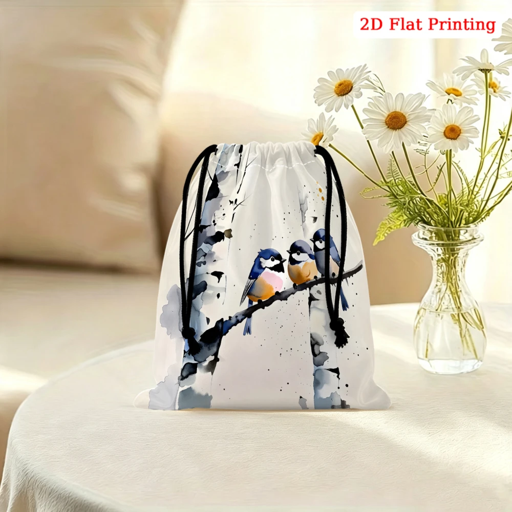 1pc Watercolor Bird Print Drawstring Bag White Storage Small Pouch For Glasses Cosmetics Travel Organizer Portable Gift