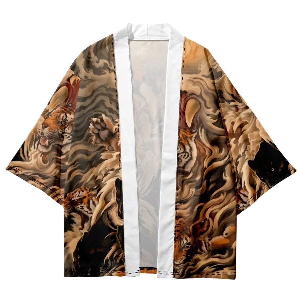أزياء الكرتون النمر طباعة كيمونو عارضة الشاطئ سترة قمم النساء الرجال تأثيري Haori الملابس الآسيوية