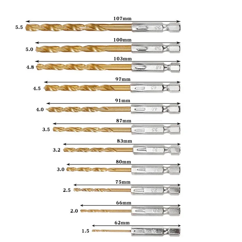 13/16Pcs HSS High Speed Steel Titanium Coated Drill Bit Set 1/4 Hex Shank 1.5mm-6.5mm Hexagonal Handle Twist Drill