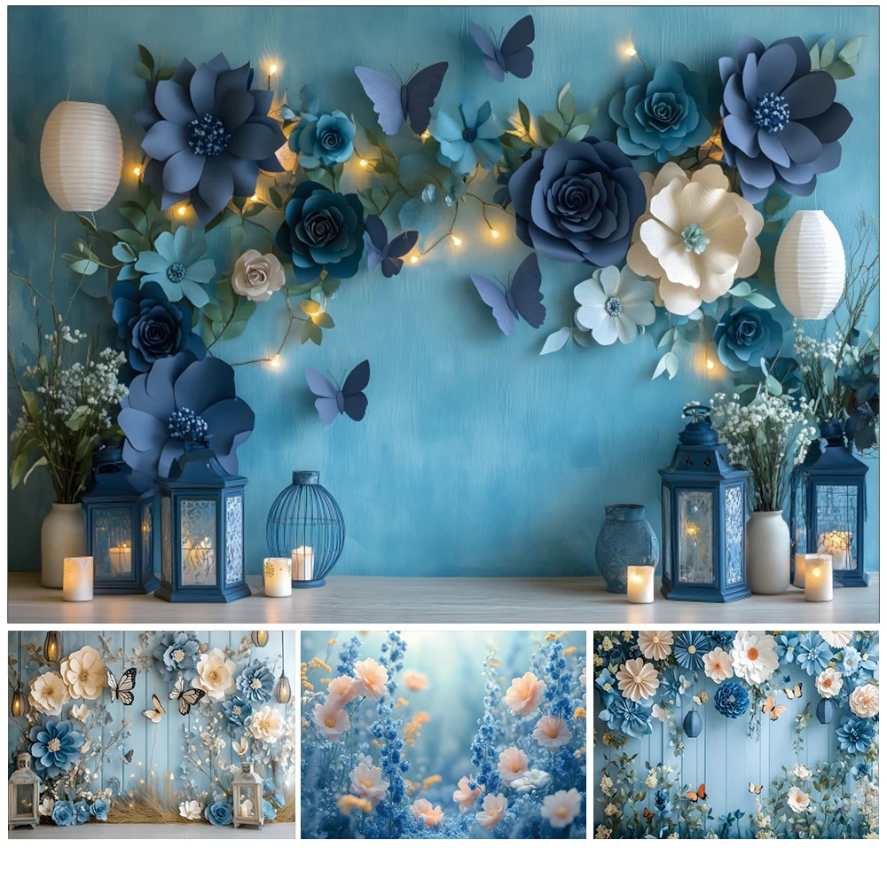 

Blue White Flowers Photography Backdrop Spring Blue Flower Butterfly Lanterns Baby Birthday Wedding Party Photo Background Decor