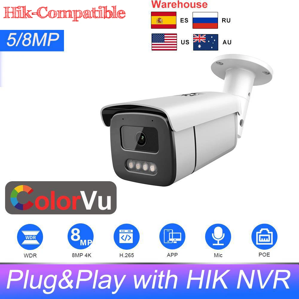 بيع الصيف Hikvision متوافق مع 5MP 8MP ColorVu IP كاميرا مدمجة في هيئة التصنيع العسكري كاميرا مراقبة فيديو IP التوصيل والتشغيل مع HIK NVR