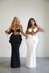 Black White Color Women Sexy Sleeveless V-Neck Bodycon 2 Pieces Bandage Long Dress Florals Celebrate Nightclub Party Outfit