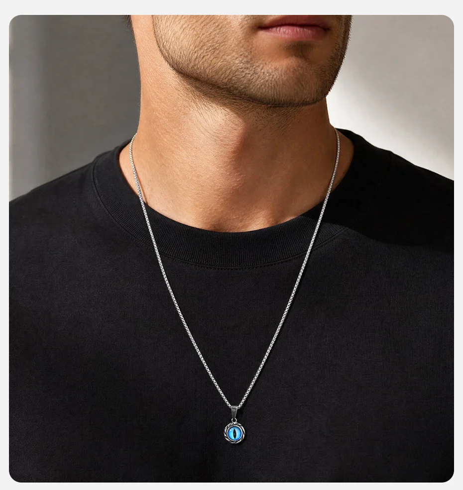 Vnox Herren Edelstahl Blaues Böses Auge Anhänger Halskette Vintage Graue Gedrehte Lünette Kastenkette Halsketten Punk Amulett Schmuck Geschenk – Detail 2