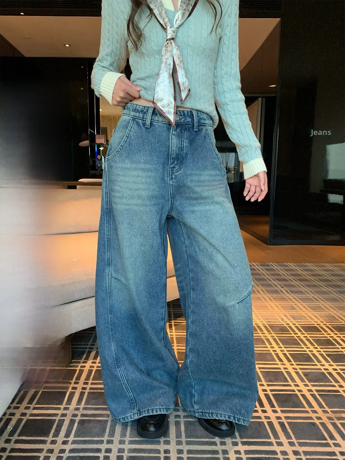 

Retro Thiened Fce Wide Leg Jeans Women's Loose Drape Slim Straight Pants Casual Trousers High Waist Button Cotton Polyester