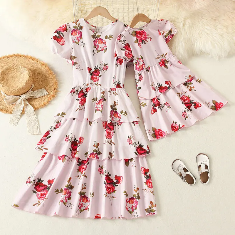 Family Look Mom and Daughter Dresses Summer Mother Kids Girls Short Sleeve Long Dress Party Wedding Costume Clothes Outfits