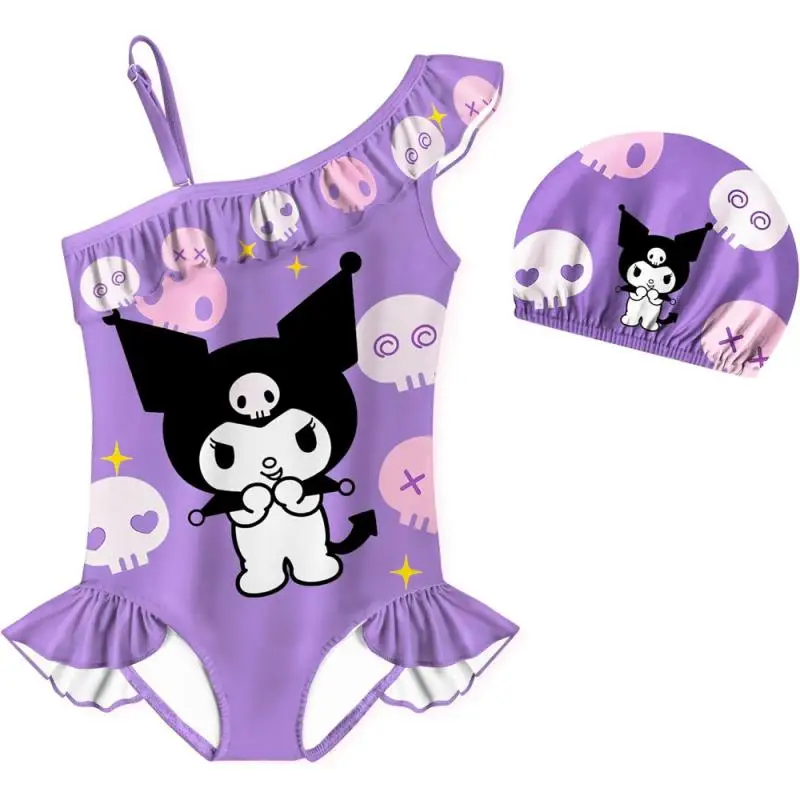 Anime Cartoon Kuromi Girl Swimsuit Swimming Cap Set Summer Seaside Resort Bikini Kawaii Princess Style Sweet Swimwear Girls Gift