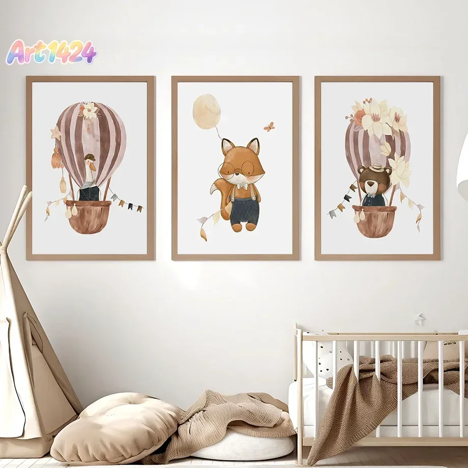Boho Cartoon Bear Fox Goose Deer Hot Air Balloon Posters Minimalist Print Canvas Painting Wall Art for Living Room Home Decor