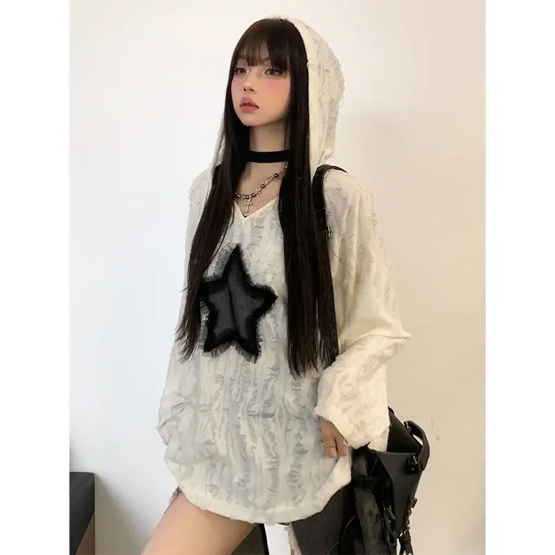 Ф Parque Vintage Ster Witte Hoodie Top voor Vrouwen 2025 Vroege Herfst Nieuwe Losse Gat T-shirts Y2k Lange Mouw Dieptepunt Tee Shirt