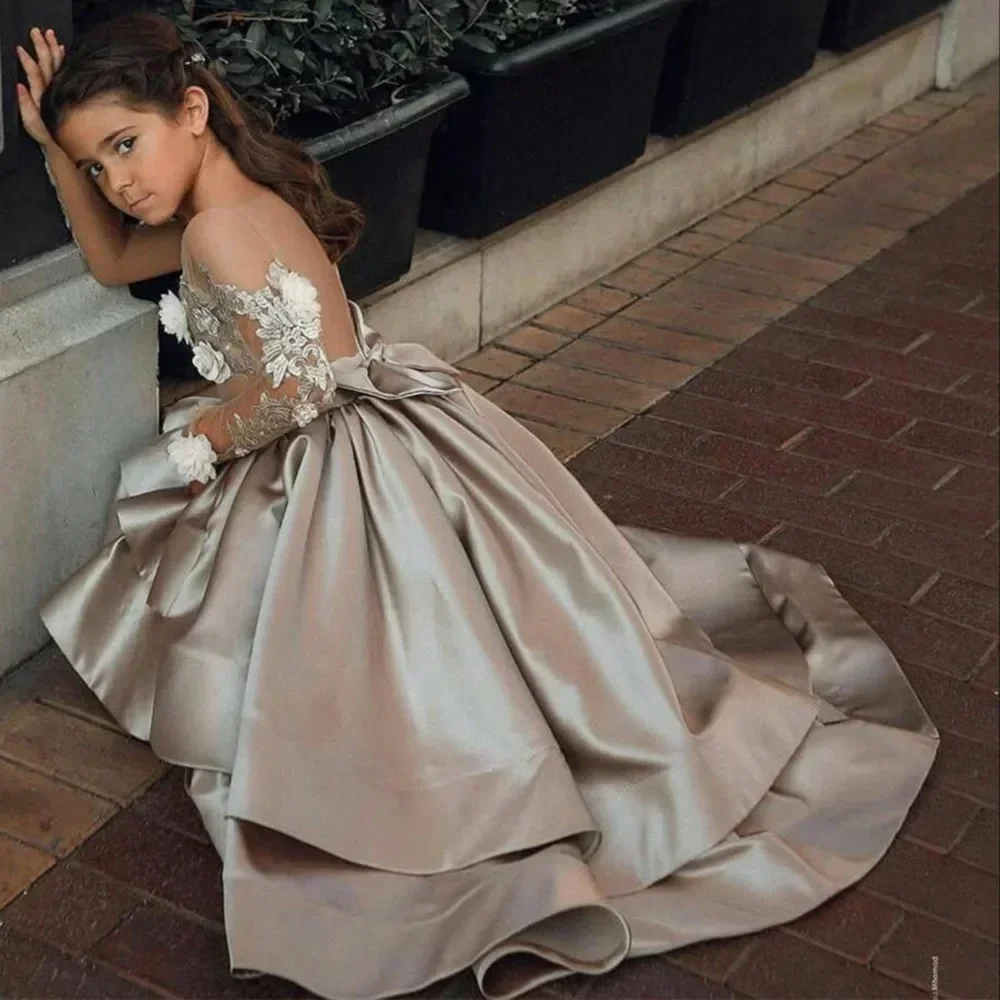 

Congtou High Low Length Flower Girls Dresses With Long Sleeve Sweep Train Pageant Birthday Ball Gown Pageant Dresses For Girls