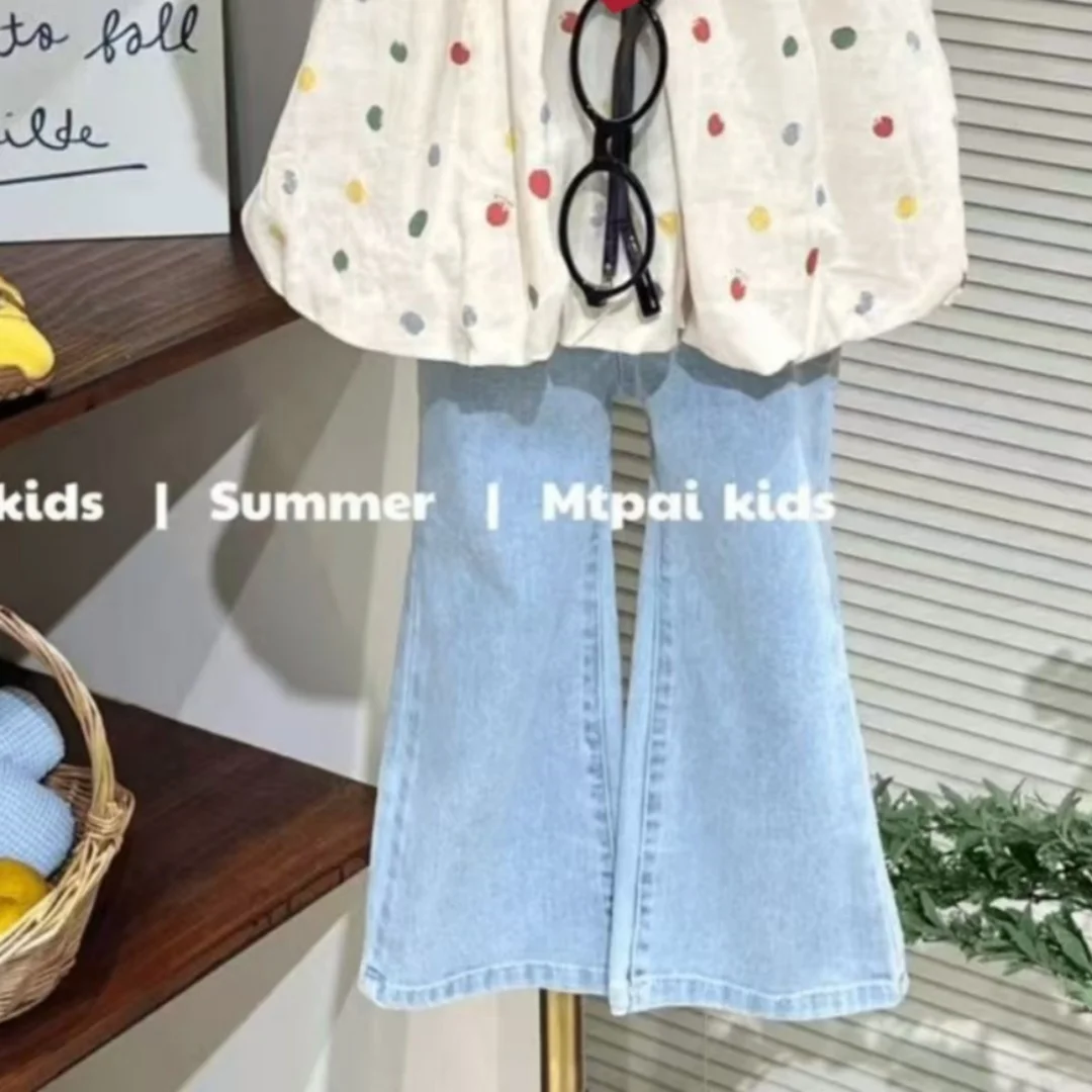 2026 New Korean Style Dotted Little Sleeve Top and Denim Flare Pants Two-Piece Set for Girls