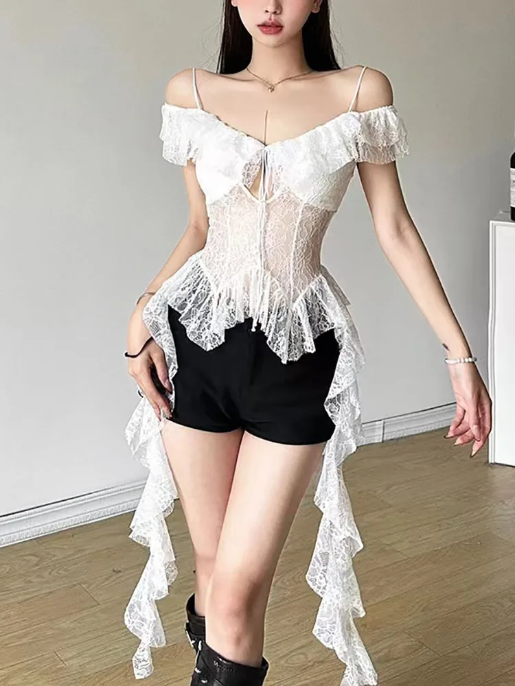 Sexy Lace Patchwork Ruffles See Through T Shirt, Slim Bandage Top, Irregular Aesthetic Shirts, Y2k Streetwear Hollow Out Top