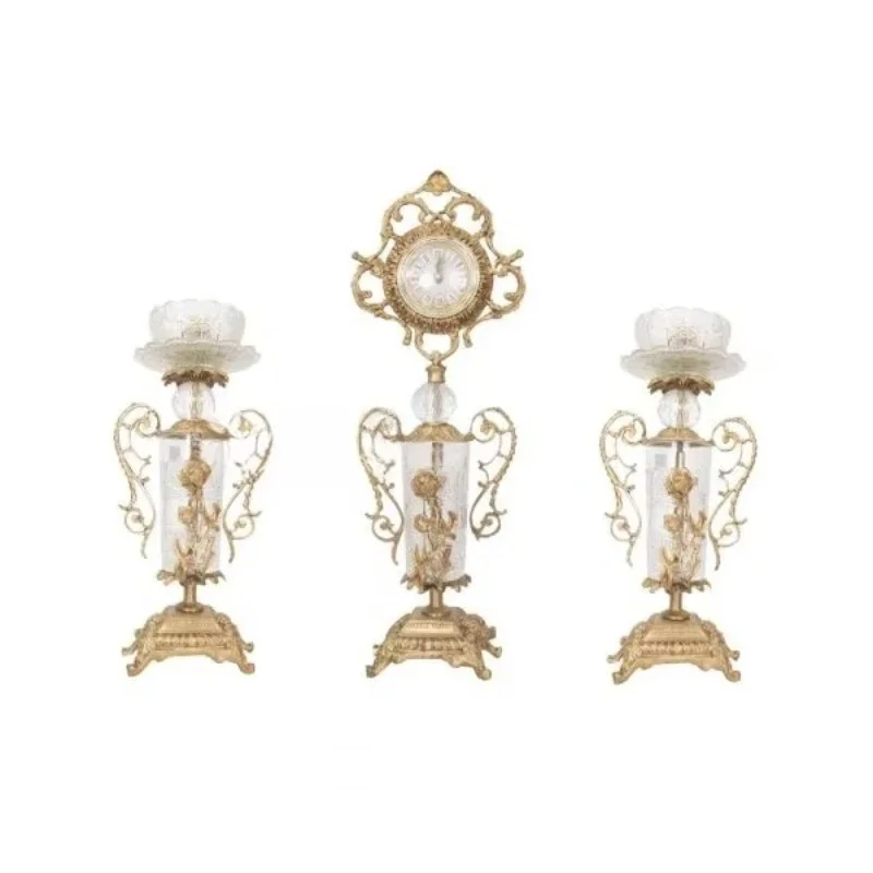

The antique brass and glass clock set features a gorgeous vintage design with floral details for an elegant luxury home decor