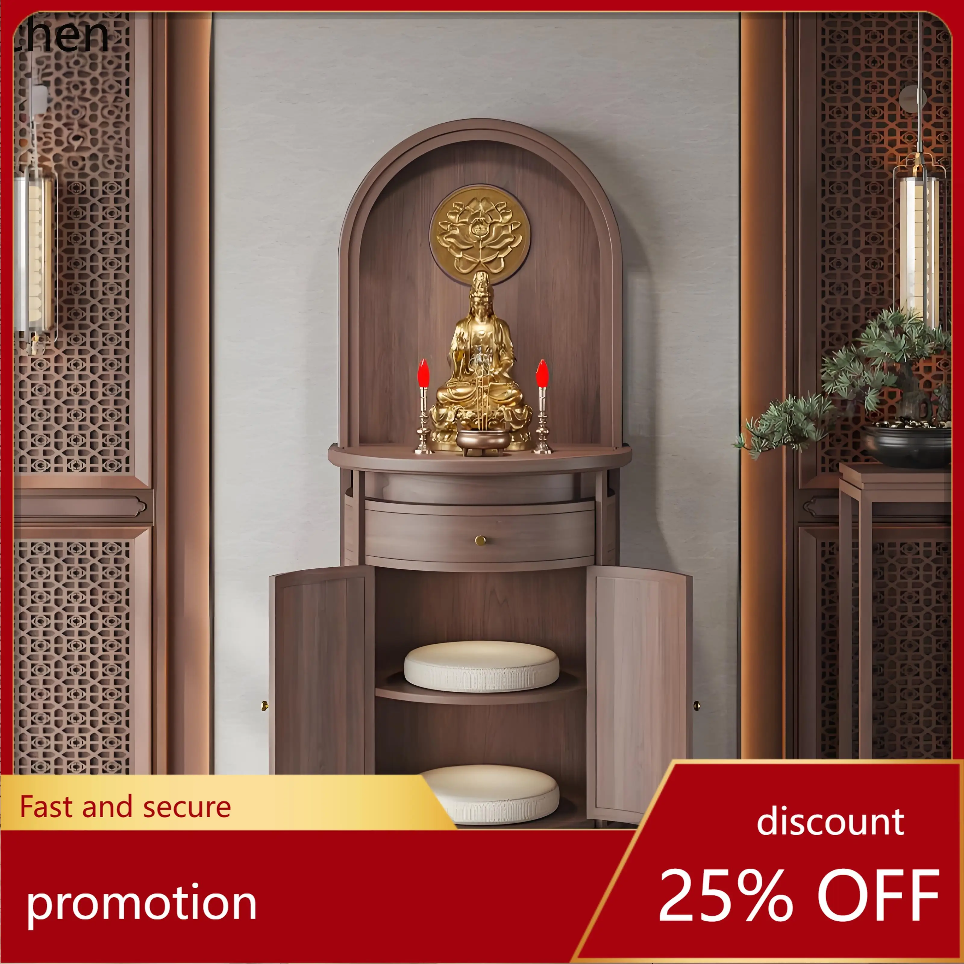 

CZ Buddha Shrine Black Walnut Wood Altar Worship Table Small Curved Wealth God Bodhisattva Cabinet Solid Wood Buddha Altar