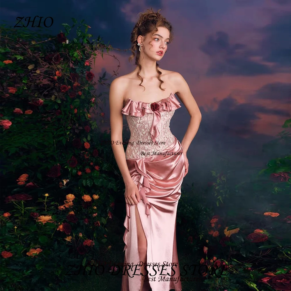 

ZHIO Sexy Satin Lace Flower Applique Asymmetrical Strapless Sleeveless Prom Gown Dresses High-Slit Pleated Cocktail Dress