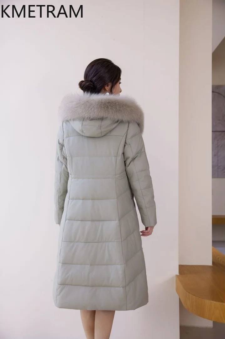 Piumino in pelle di pecora al 100% Piumini lunghi in vera pelle da donna con cappuccio Collo in pelliccia di volpe 2025 Abiti invernali Donna Scialleхоilikк