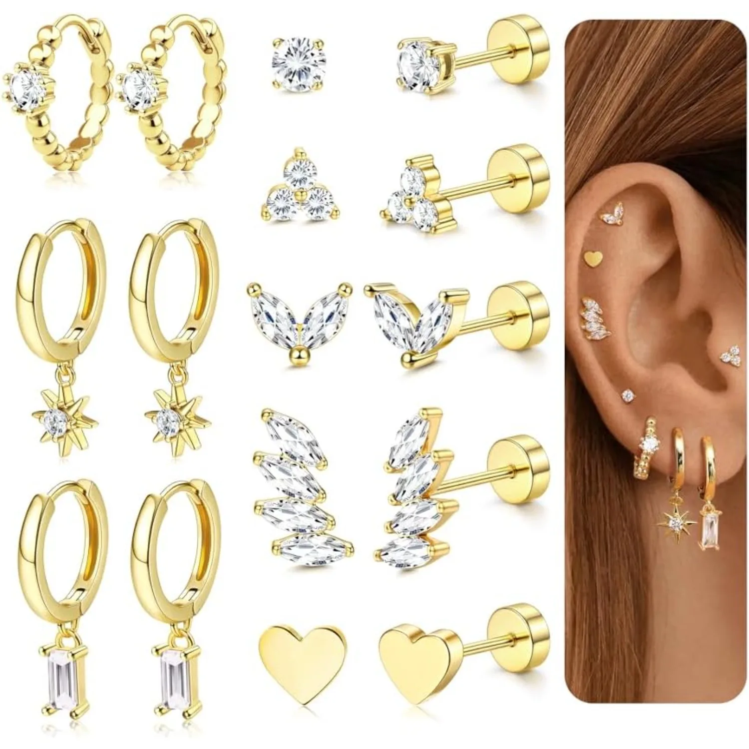 Bobisty 1 Pair Hypoallergenic Flat Back Studs Earrings for Women Hoop Earring Stacks Cartilage Earrings for Multiple Piercing