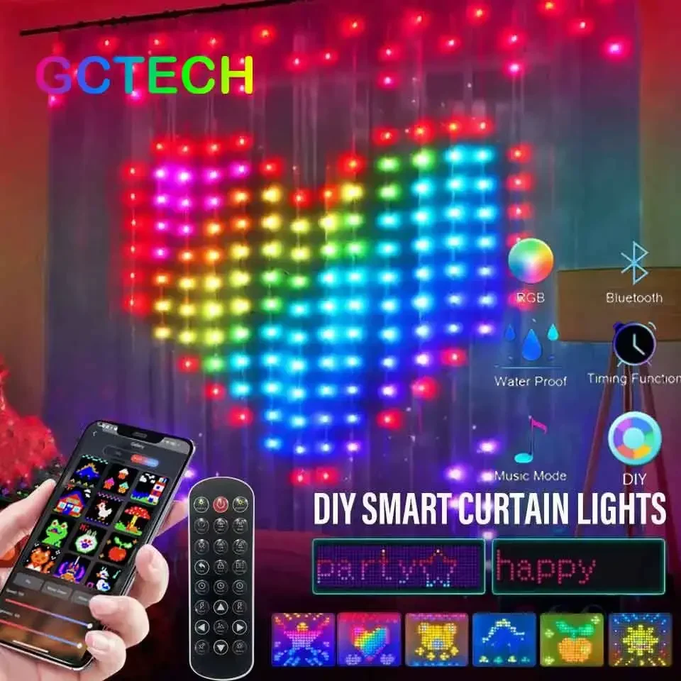 Decoração inteligente led rgb, cortina inteligente luz de corda bluetooth controle app luz de fadas de natal diy imagem exibição guirlanda decoração