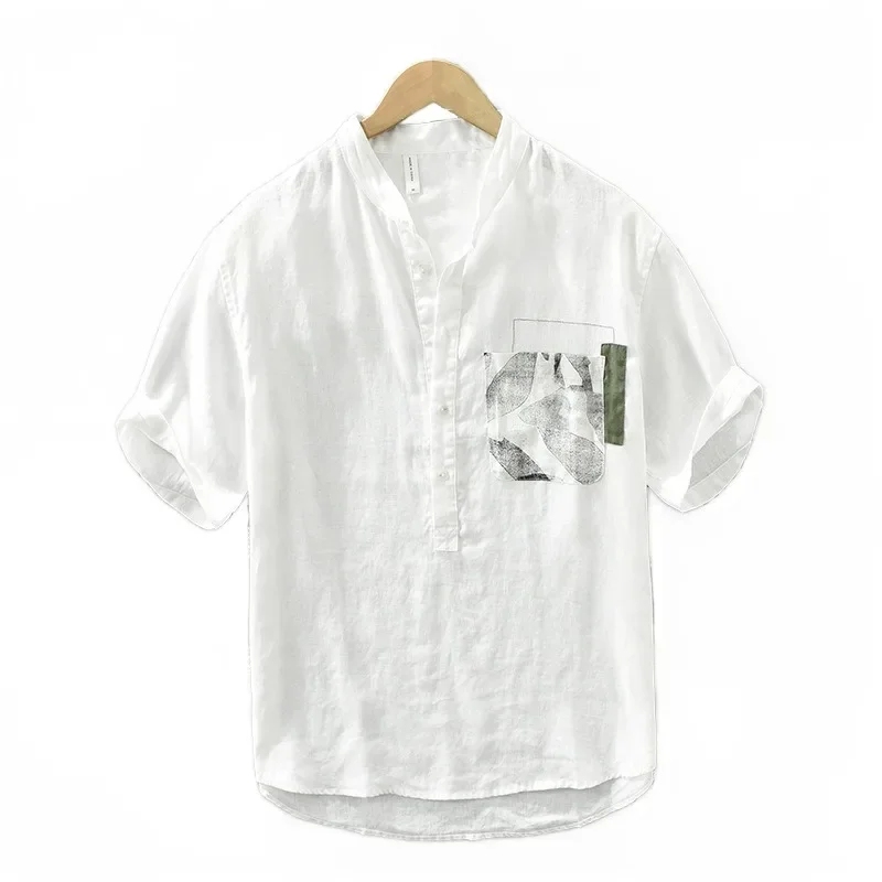 

2023 New Linen Short Sleeve T-shirt Men's Shirt Cotton Linen Men's Summer Thin Men's Casual Half Sleeve Shirt Top
