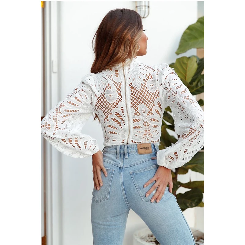 Lace Chiffon Blouses Women Elegant Hollow Out Half High Collar Long Sleeve Womens Tops And Blouses Solid White Shirt Tunic 2023