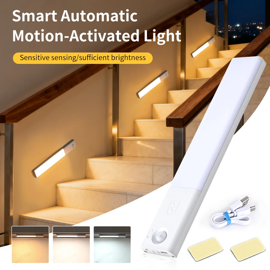 Sensor de corpo humano automático inteligente, 25cm, luzes de barra led, recarregável, luzes de armário, atração magnética, 3 cores, luz noturna